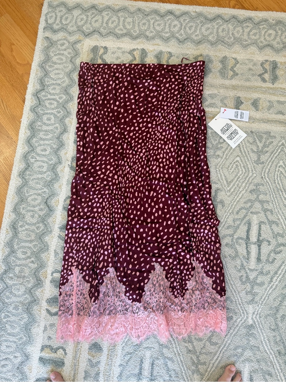 Never Fully Dressed Women’s Burgundy and Pink Lace-Hem Midi Skirt